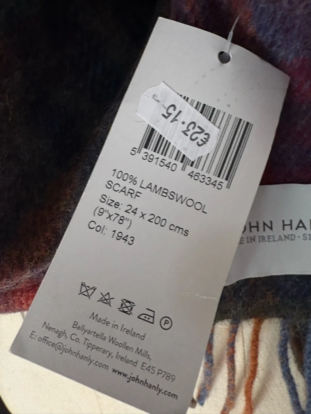 NWT JOHN HANLY 1943 Irish Wool Scarf Green Mustard Purple Check Plaid Wool